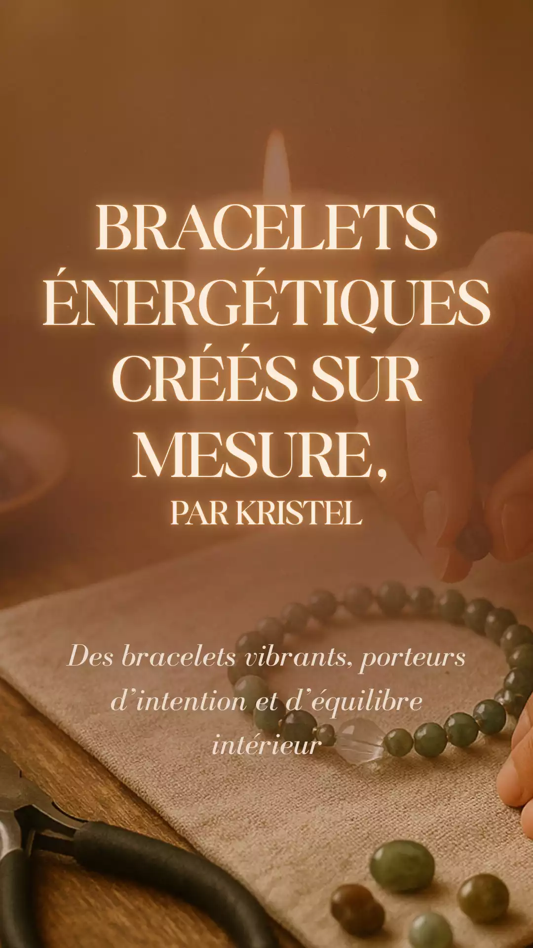 Bracelet énergétique sur mesure en perles naturelles, créé avec intention par Kristel pour l’équilibre intérieur.