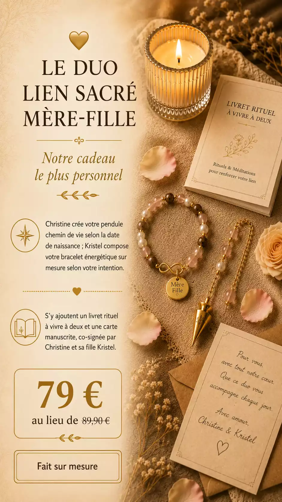Visuel promotionnel du Duo Lien Sacré Mère-Fille avec bracelet énergétique, pendule chemin de vie, livret rituel, carte manuscrite et mention fait sur mesure.